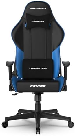 DXRacer Prince Series L Gaming Chair - Reclining, Ergonomic & Comfortable Computer Chair with 2D Armrest, Wing-Shaped Seat Base & Headrest Pillow Faux Leather (Faux Leather, Black & Blue)