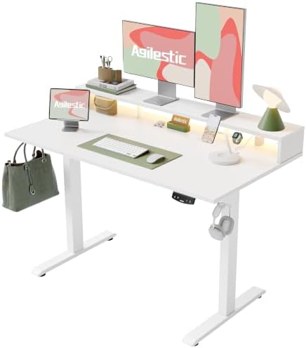 Agilestic 55 * 24 Inch Electric Standing Desk with Shelf & Led, White
