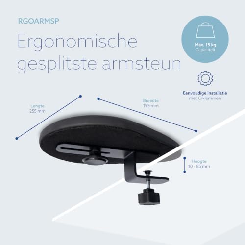 R-Go Arm Rest Split for Desk, Distance Adjustable, Ergonomic Desk Extender Tray in 2 Parts, Elbow & Wrist Support, Soft Sponge Built-in, Easy Typing Pain Relief, Punch-Free Clamp on, Black (2pcs)