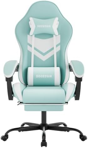 Gaming Chair with Footrest & Massage Lumbar Support, PU Leather Ergonomic High Back Swivel Height Adjustable Chair for Adults, Office Gaming, 300 lbs (Green White)