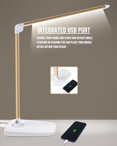 Lichamp Dimmable LED Desk Lamp with USB Charging Port, Touch Control Foldable Gooseneck Free Rotation Adjustable Eye Care Table Lamp, Bedside Reading Light with UL AC Adapter (Pink Gold)