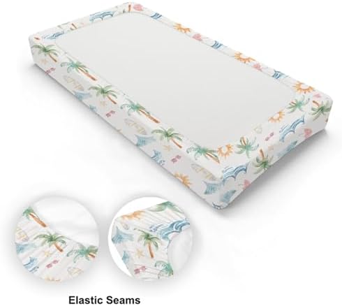 Summer Beach Theme Palm Tree Starfish Sun Pattern Baby Changing Pad Cover, Unisex Beach Ocean Theme Nursery Diaper Changing Table Pad Mat Sheet for Boys Girls-16x32