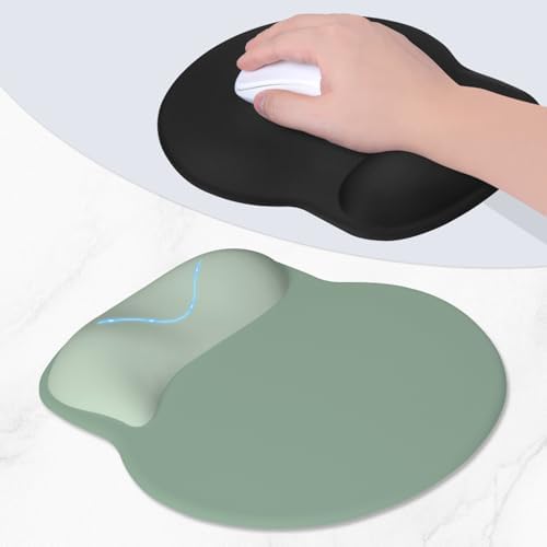 ITNRSIIET Ergonomic Mouse Pad with Wider Memory Foam Wrist Rest +17%, Curved Cushion Reduces Pressure 20%, Pain Relief, Non-Slip, Smooth, Cute Color Desk Accessory, 9.85 x 9 inch, Sage Mint