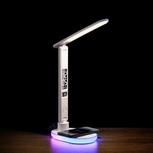 IHAO Luxury Multifunctional LED Desk Lamp10W Qi Wireless Charger Digital Alarm Clock Ambient Light & Temperature Display Adjustable Eye-Care Table Lamp with Leather Texture Design Table Lamp-U20 White