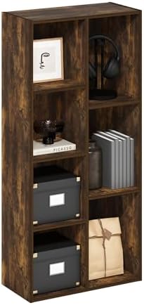 Furinno LUDER Book Shelf, 7-Cube Bookshelf, Bookcase with Open Shelves, 9.4 x 19.5 x 41.7, Easy Assembly, for Living Room, Bedroom, Home Office, Amber Pine