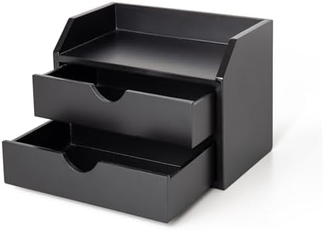 ROSE BLOOM Black Wood Desk Organizer with 2 Drawer, Mini Cute Cabinet with Storage Shelf for Tabletop, Small Desktop Box Organizer for Cosmetic Office Supplies
