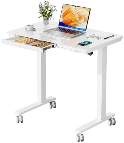32" Glass Standing Desk with Drawer, Small Electric Desk