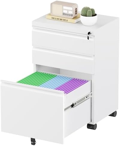 Bonusall 3 Drawer File Cabinet with Lock, Small Under Desk Filing Cabinet for Home Office, Fully Assembled Metal Rolling Storage Fits A4/Letter/Legal - White