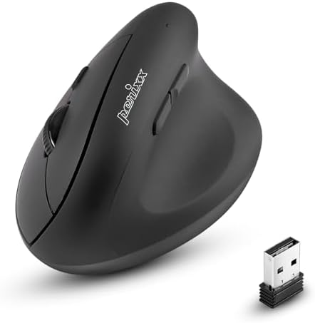 Perixx PERIMICE-608II Wireless Vertical Mouse, 2.4GHz, 6 Buttons, Adjustable DPI 800/1200/1600/2400, Right-Handed Design, USB Receiver, Black