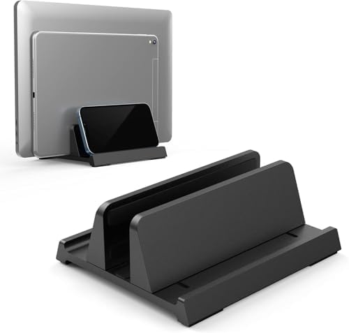 Adjustable Vertical Laptop Stand for Desk, Compatible with 11-Inch to 17.3-Inch Laptops, iPad, iPhone, MacBook Pro/Air, Dell, HP, Lenovo, Asus - 3 in 1 Design Computer Stand (Black)