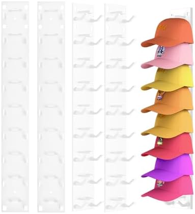 4 Pack Hat Organizer for Baseball Caps, Strong Adhesive Hat Rack for Wall, Multilayer Hat Storage Display Holder for Door Closet, Cap Organizer Storage Wall Mounted Hat Hooks Hold up to 36 Hat (White)