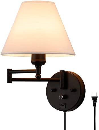 Swing Arm Wall Sconces, Plug-in Wall lamp,Bedroom Wall lamp ， White Fabric Shade，，with dimmable Switch and USB Charging Port, Suitable for Bedside, Living Room, Reading (Black)