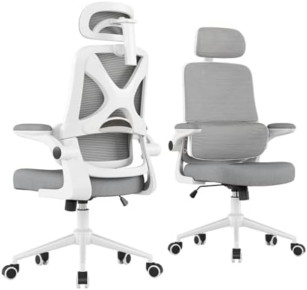Ergonomic Office Chair - Desk Chair with Adjustable Headrest Lumbar Support Computer Chair - Mesh Comfy Chair with Flip-up Armrests - Gaming Chairs for Adults Home Office (White+Gray)
