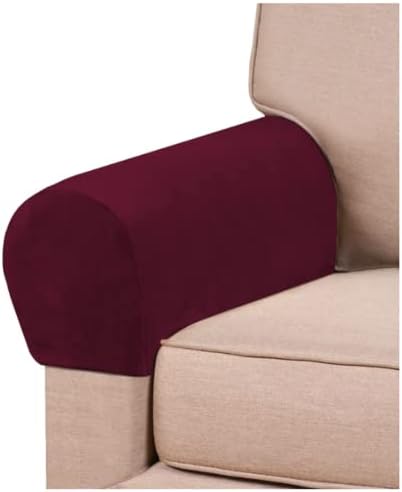 2 Pack Velvet Stretch Armrest Covers - Non Slip Sofa Chair Covers, Soft Elastic Arm Protectors for Living Room Couch, Office Chair, Recliner (Burgundy)