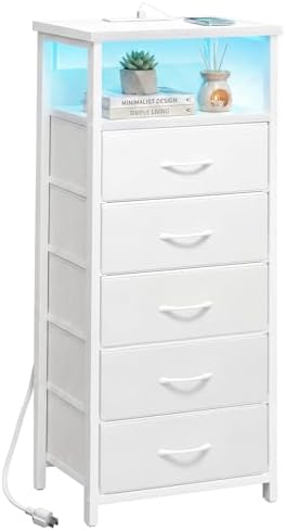Fixwal Night Stand with Charging Station, White Led Nightstand, 5 Drawers