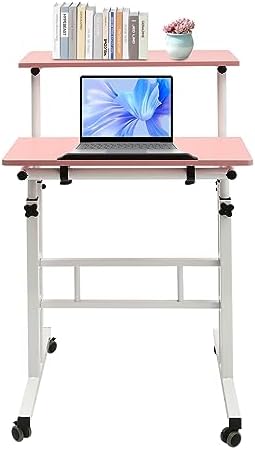 Small Standing Desk, Mobile Rolling Computer Desk, Portable Stand Up Desk with Wheels, Adjustable Height Sit Stand Home Office Desk, 23.6" L x 21.6" W (Pink)