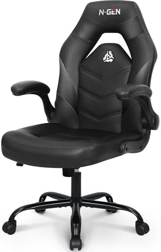 N-GEN GAMING Video Gaming Chair Ergonomic Office Desk Chair with Lumbar Support Adjustable Height Padded Flip Up Arms and Swivel Wheels Racing Style Design for Adults with PU Leather (Black)