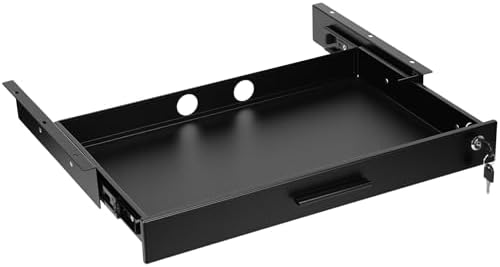 Menkxi 22'' x 14'' Under Desk Drawer Slide Out Storage Organizer, Lockable Metal Desk Drawer for Laptop and Office Accessories, Large Hidden Under Table Storage Box with Cable Management, Black