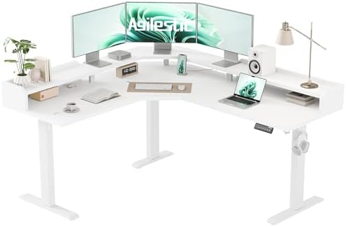 Agilestic 63 Inch L Shaped Electric Standing Desk with Shelf, White