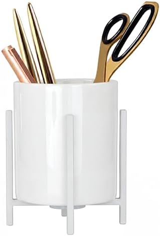 Ceramic Pen Holder for Desk, Durable Ceramic Pencil Cup Holder for Womens Girls, Makeup Cup for Brushes, with 4 Legs Metal Frame