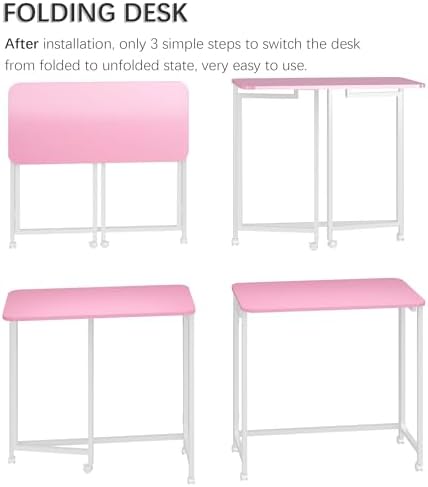 4NM 27.5" Mobile Small Rolling Computer Desk, Folding Laptop Cart Table with Wheels, Portable Office Desk for Small Space Couch Bed - Pink and White