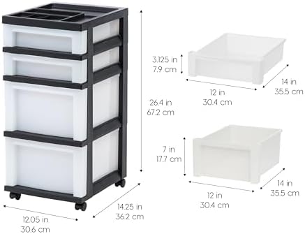 IRIS USA 4-Drawer Rolling Storage Cart with Organizer Top, Black/Pearl