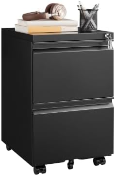 Guizeeopo 2 Drawer Locking File Cabinet, Fully Assembled Heavy-Duty Metal Filing Cabinets for Home Office, Quiet Slides, Anti-Tipping Wheels, Fits A4/Letter/Legal, Matte Black