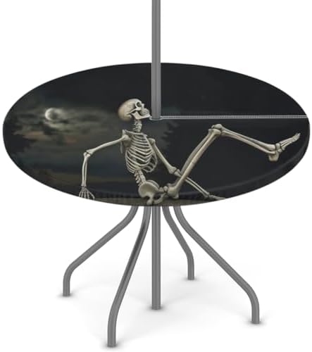 Outdoor Round Tablecloth with Hidden Umbrella Hole, Funny Skeleton Stretching Halloween Night Waterproof Table Covers with Elastic Zippered Machine Washable Table Cloths Mat 36-42 inch for Picnic