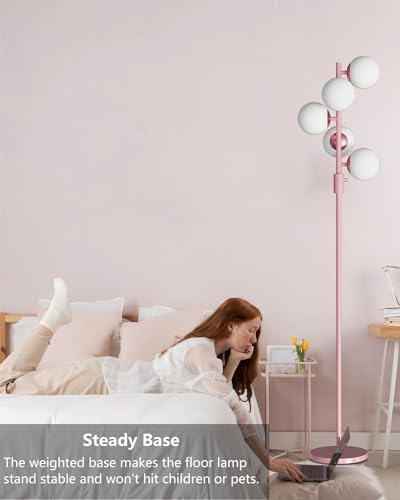 64IN Dimmable Pink Floor Lamp, Tall Standing Lamps with 5 Globe Soft Warm White Eye Care 3000K G9 Bulbs, Mid Century Modern Floor Lamp with 5Lbs Heavy Base for Living Room Bedroom Office