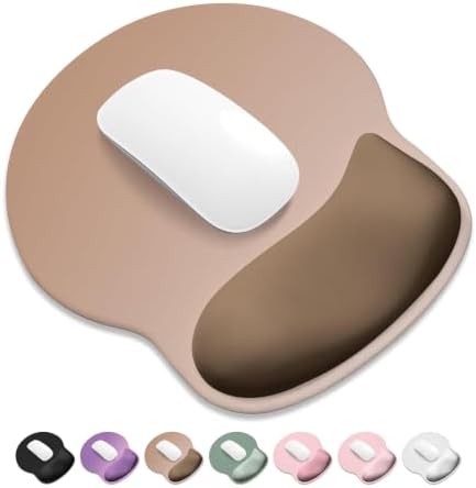 ITNRSIIET Ergonomic Mouse Pad with Wider Memory Foam Wrist Rest +17% - Curved Cushion Reduces Pressure 20%, Pain Relief, Non-Slip, Smooth, Cute Colors, 9.85 x 9 in, Soft Brown