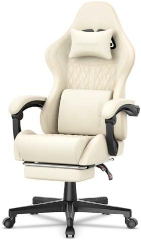 Ferghana Vintage PU Leather Gaming Chair, Ergonomic Gamer Chair with Massage, High Back Computer Office Chair with Footrest for Adults, Racing Style Reclining Video Game Chair (Beige)