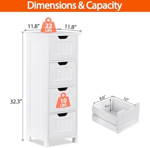 Bathroom Floor Storage Cabinet, Freestanding Wooden Side Organizer w/4 Drawers & Anti-Tip Kit for Bathroom Living Room Hallway Office Study, White
