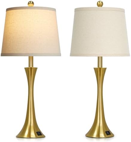 Rinweey 27.5" Gold Lamps for Living Room, Touch Control 3-Way Dimmable Bedside Nightstand Lamps Bedroom Lamp,Modern Gold Table Lamp with USB A+C Ports,Tall Lamps for Living Room End Table（1Pack）