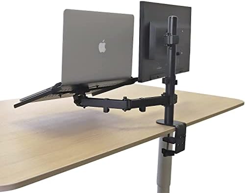 AEONS Monitor and Laptop Desk Mount Combo Stand with Notebook Tray fits 17 inch, 2-in-1 Adjustable Dual Arm Mount fits up to 32 inch LCD Screen with VESA, Clamp and Cable Management, Black
