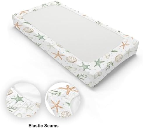 Watercolor Sea Animals Starfish Seashells Leaves Pattern Baby Changing Pad Cover, Unisex Ocean Nursery Diaper Changing Table Pad Mat Sheet for Boys Girls-16x32