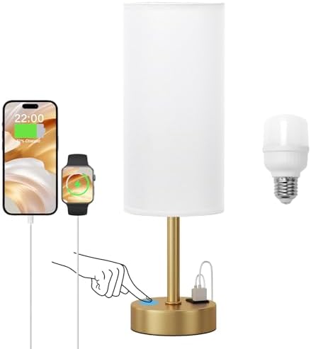 Touch Bedside Lamps for Nightstand - 14" Gold Desk Lamp with USB Ports
