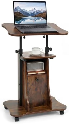 GIANTEX Mobile Podium Stand, Height Adjustable Laptop Computer Cart w/Tilting Top, Storage Cabinet & Lockable Wheels, Church Classroom Lecture, Sit-to-Stand Desk for Home Office (Rustic Brown,1)