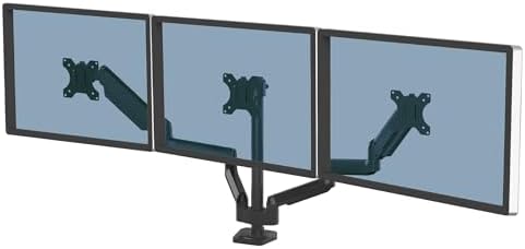 Fellowes Platinum Series Triple Monitor Arm for 27-Inch Monitors, Full Motion, 360° Rotation, VESA Mount with Grommet or Clamp, USB Ports, Ergonomic, Black, 8042601