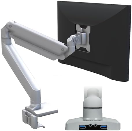 UPLIFT DESK Crestview Single Monitor Arm - Gas Spring Monitor Mount with USB Ports, Fits 13-35” Inch Displays, VESA Compatible, Clamp or Grommet Mounting, Fits Standing Desks & Vertical Options (Gray)
