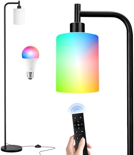Ziisee RGB Floor Lamps for Living Room, Dimmable Industrial Standing Lamp with Remote Control for Bedroom Office Corner, 3 Colors Temperature, White Glass Shade, 9W RGB LED Bulb