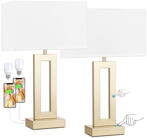 Seealle Nightstand Table Lamps for Bedrooms Set of 2 - Touch Bedside Lamp with USB C+A, 3 Way Dimmable Living Room Lamps for End Tables Set of 2(White&Gold)