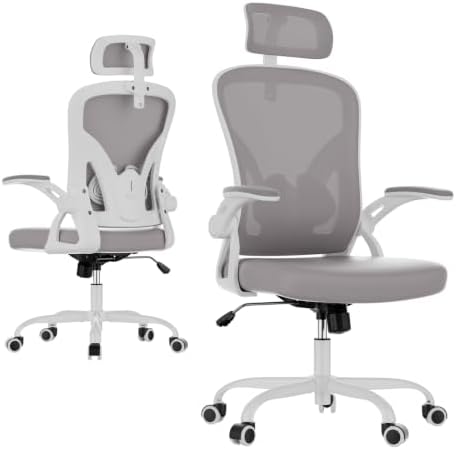 Farini Ergonomic Office Chairs Set of 2, Home Office Desk Chair with Headrest, High Back Swivel Computer Chair with Armrests and Adjustable Lumbar Support for Home Office, White & Grey