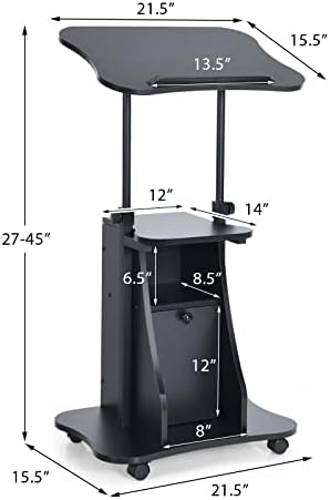 Tangkula Mobile Laptop Podium, Height Adjustable Sit to Stand Desk with Tilting Desktop & Storage Cabinet, Ergonomic Rolling Lectern Cart Laptop Desk, Office Podium Stand on Wheels