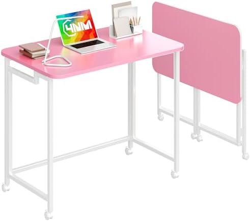 4NM 27.5" Mobile Small Rolling Computer Desk, Folding Laptop Cart Table with Wheels, Portable Office Desk for Small Space Couch Bed - Pink and White