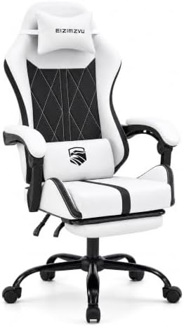 Mid Back Gaming Chair with Footrest, 90°-135° Reclining Computer Chair with Headrest and Lumbar Pillow, Linked Armrests, Height Adjustable 360° Swivel Rolling Office Chair