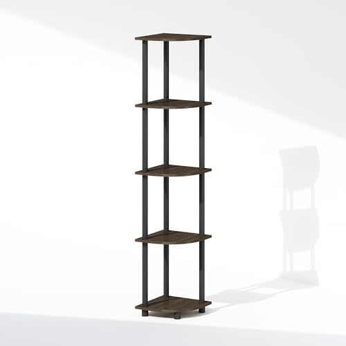 Furinno Turn-N-Tube Storage Shelves, 5-Tier Book Shelf, Corner Shelf, Toolless Open Shelves, for Organization and Storage, Living Room, Home Office, Hallway, Bedroom, Dark Brown Grain