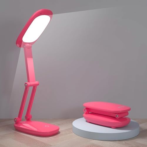 Akejrym LED Desk Lamp for Office Home & Battery Operated Lamp Rechargeable Lamp Foldable & Portable Light, [2-Fold Bracket] 3 Brightness Dimmable Small Desk Lamp Wireless Reading Lamp (Bright Pink)