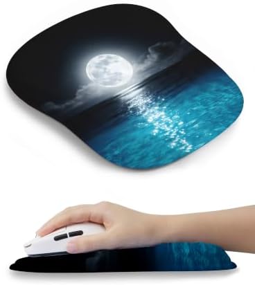 Blue Ocean and Moon Aesthetic Ergonomic Mouse Pad for Carpal Tunnel Pain Relief, 65% Usable Mouse Area, Memory Foam Concave Wrist Rest for Office, PC, Gaming