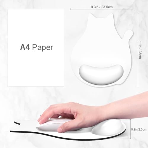 Ergonomic Mouse Pad with Wrist Rest, Cute Cat Memory Foam Padded Pain Relief Non-Slip Wrist Support Mouse Mat for Gaming Work Computer Laptop, Funny Office Supplies Desk Accessory, Ivory White