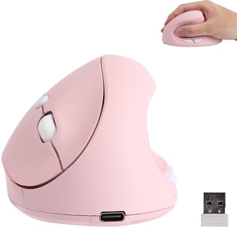 Wireless Ergonomic Vertical Mouse,Rechargeable Silent Portable Ergo Mice with,2.4G USB Receiver, 6 Buttons, Comfortable Grip,Reduce Wrist Pain,for Laptop Desktop Notebook PC Computer-Right Hand(Pink)